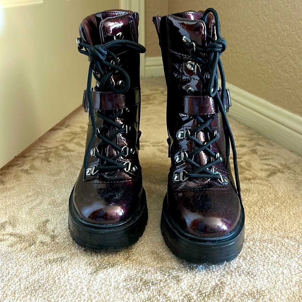 Platform Ankle Combat Boots by GBG Guess in Burgandy Patent
